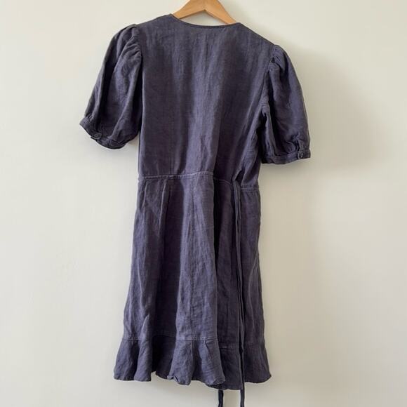 Honorine Charlotte Ruffle Wrap Dress 100% Linen Grey Blue Size Small - Picture 4 of 7